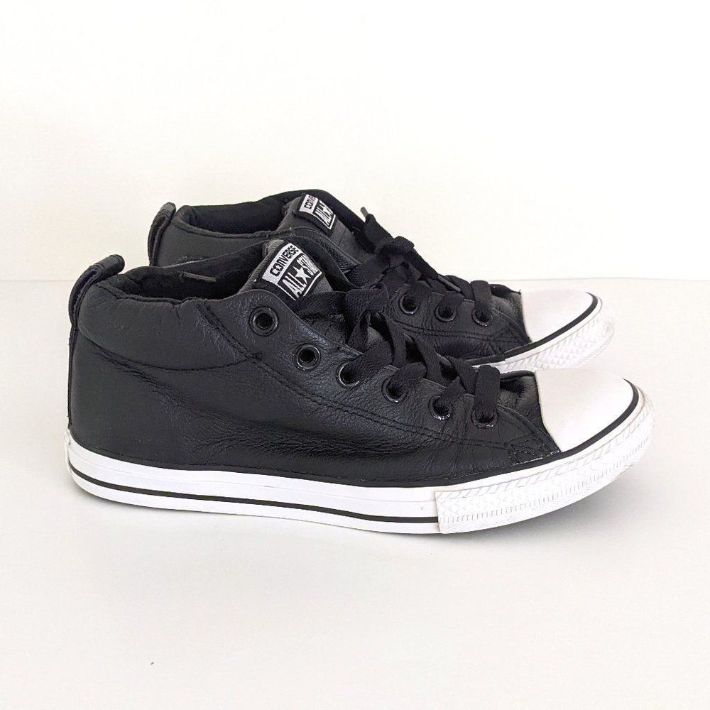 Converse All Star Black and White Leather Mid Top Lace-Up Sneakers Boys Girls 5